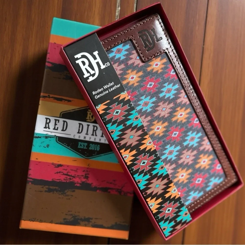 New Red Dirt Western Wallet Mens Rodeo Leather Southwestern Canvas Inlay Aztec